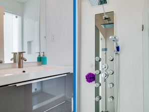 Shower, hair dryer, towels