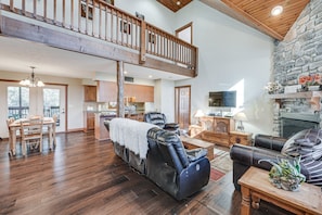 TV, fireplace, DVD player, books