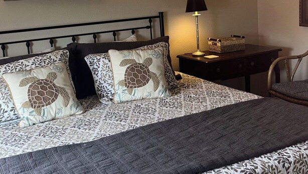 A neatly made bed with patterned bedding, a headboard, and a bedside table with a lamp and a basket. - 
Fabulous Waterfront Fishing and Sunsets!   Free Night with Weekly rental. (Galveston)