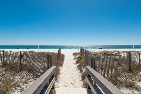 Walk along the beach pathway to the ocean, flanked by fences.