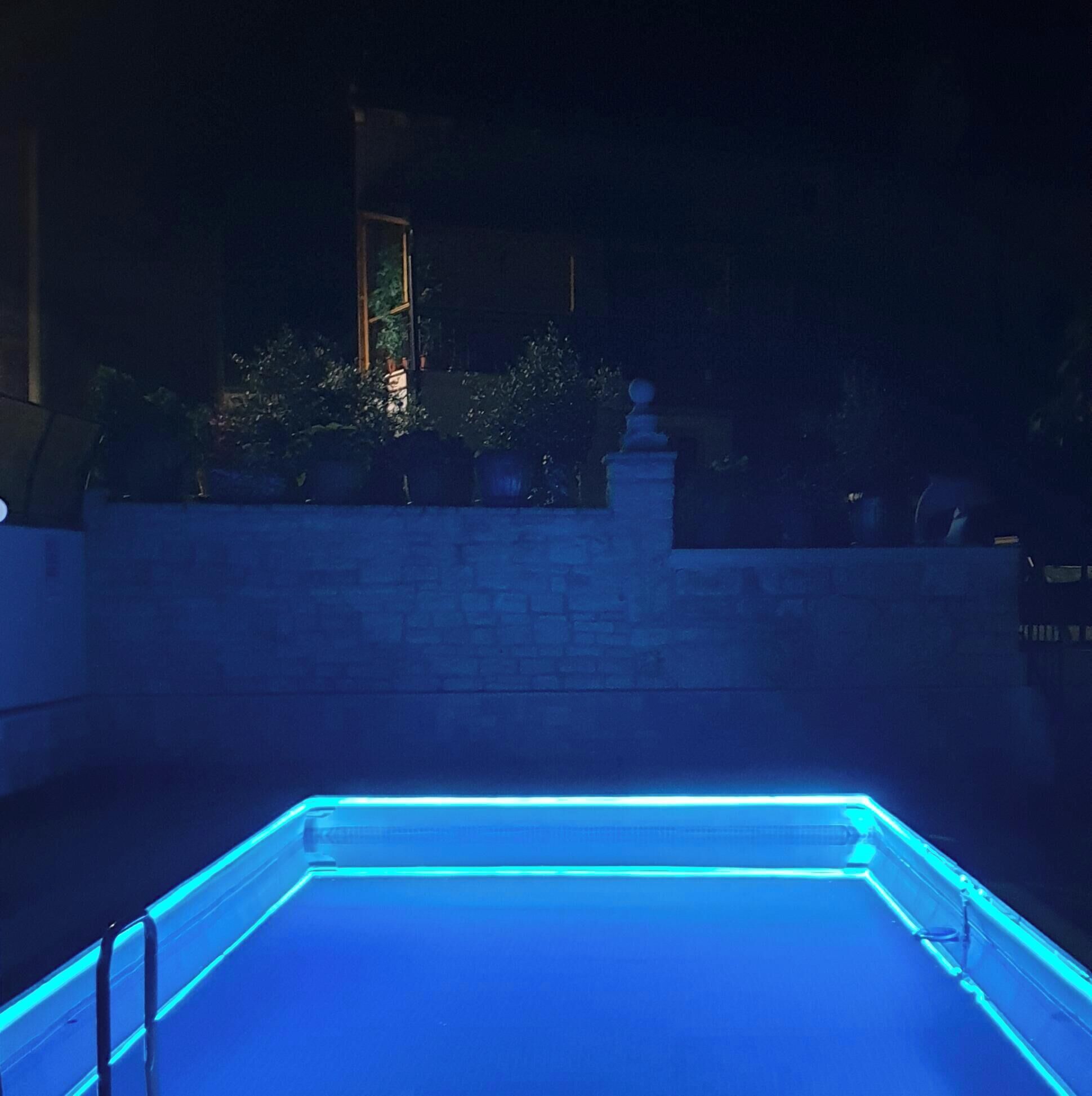 Ein Nacht-Schwimmbad mit blauer Beleuchtung, umgeben von einer Steinmauer und Topfpflanzen.