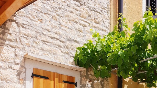 A stone wall with a wooden shutter, a bench, and a potted plant. - Vacation house with PRIVATE garden, pool, table tennis and soccer. Max 4 persons (Svetvincenat)