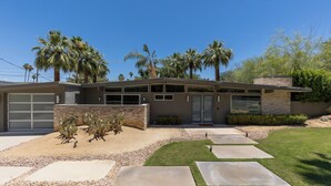 Ein modernes Haus mit Garage, einer Terrasse mit Kakteengarten und Palmen im Hintergrund.