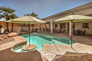 A heated pool, pool umbrellas
