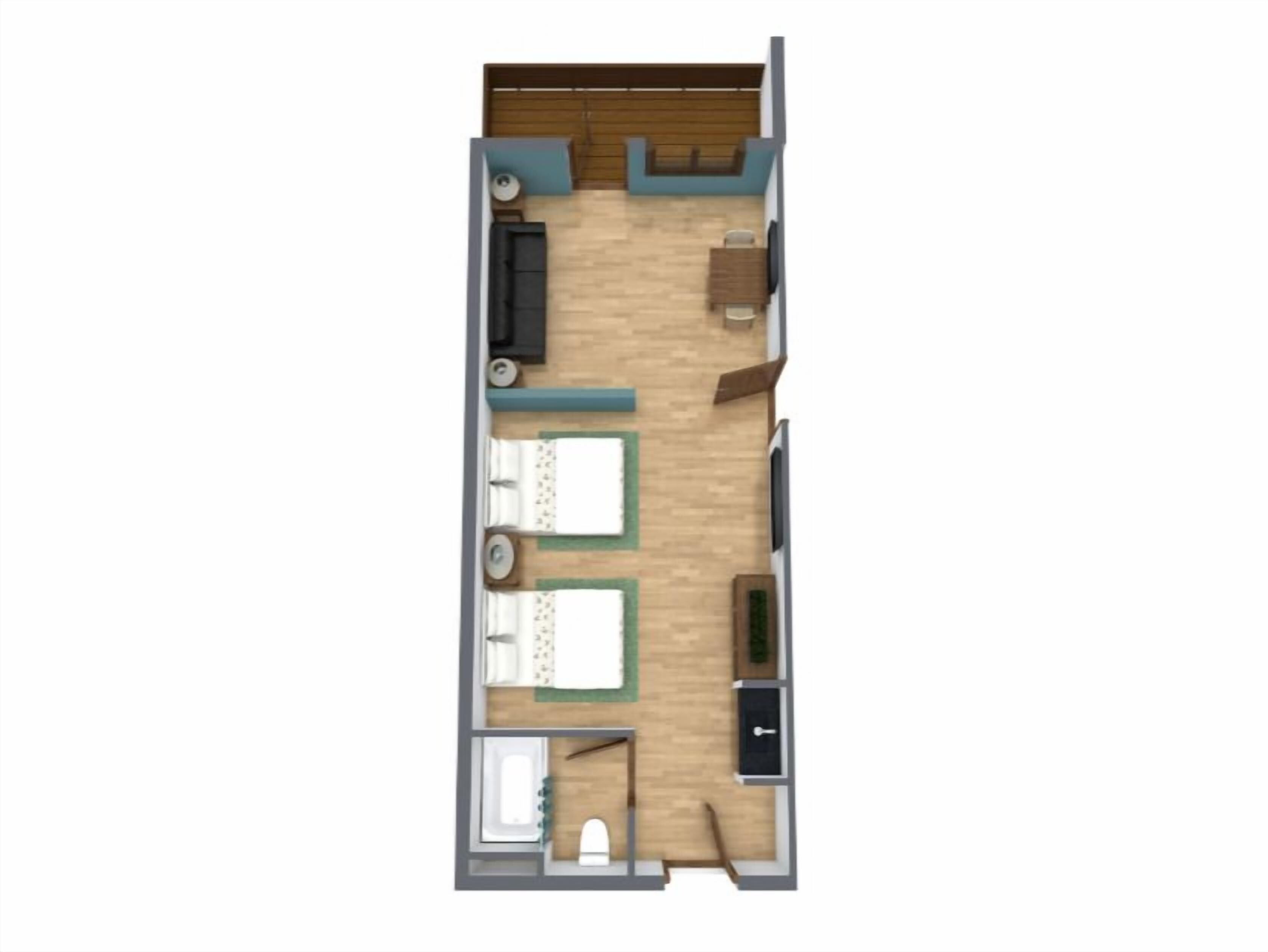 Un appartement de deux chambres comprenant un salon, une cuisine et des chambres séparées.
