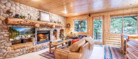 Télévision, cheminée, lecteur de DVD, chaîne hi-fi