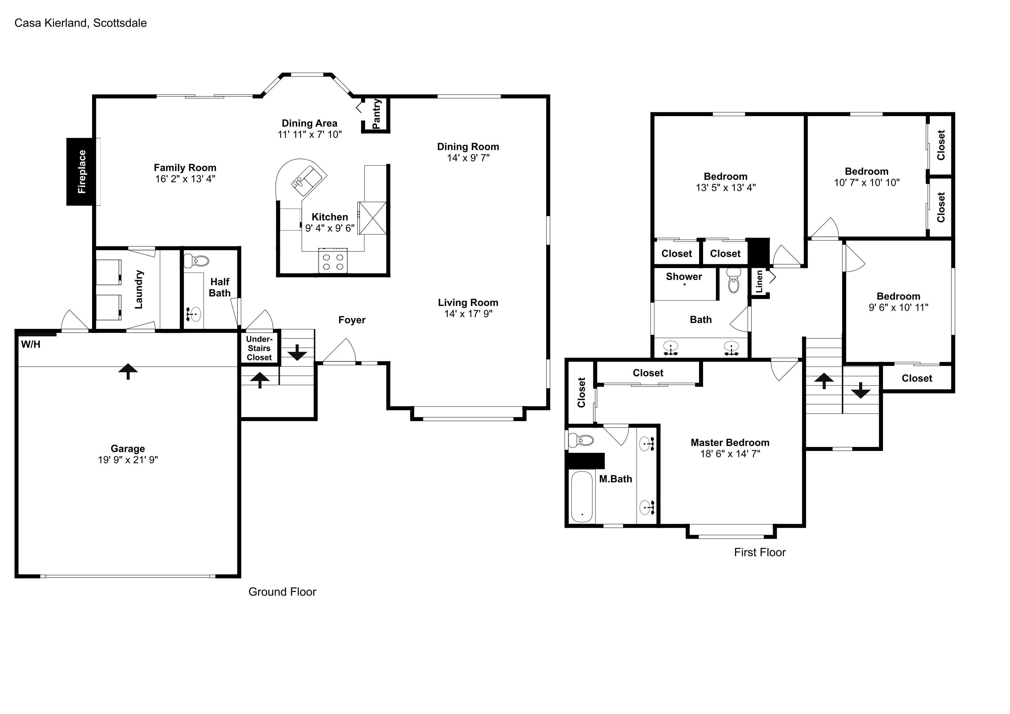 A floor plan of Casa Kierland, Scottsdale, including a garage, family room, dining area, kitchen, living room, master bedroom, and two bedrooms.