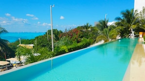 Una piscina lunga e limpida con vista sull'oceano e palme.