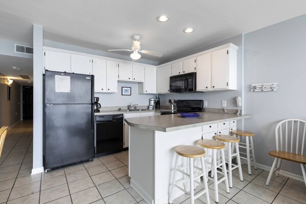 Fridge, microwave, oven, dishwasher