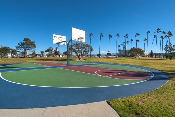 A basketball court with a clear view of the surrounding park area, including trees and a distant building.