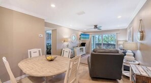 Flat-screen TV, DVD player, ping pong, books