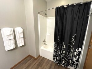 Ensemble douche/baignoire, sèche-cheveux, serviettes fournies