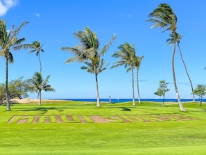 A golf course with a clear view of the ocean, palm trees, and a well-manicured lawn.