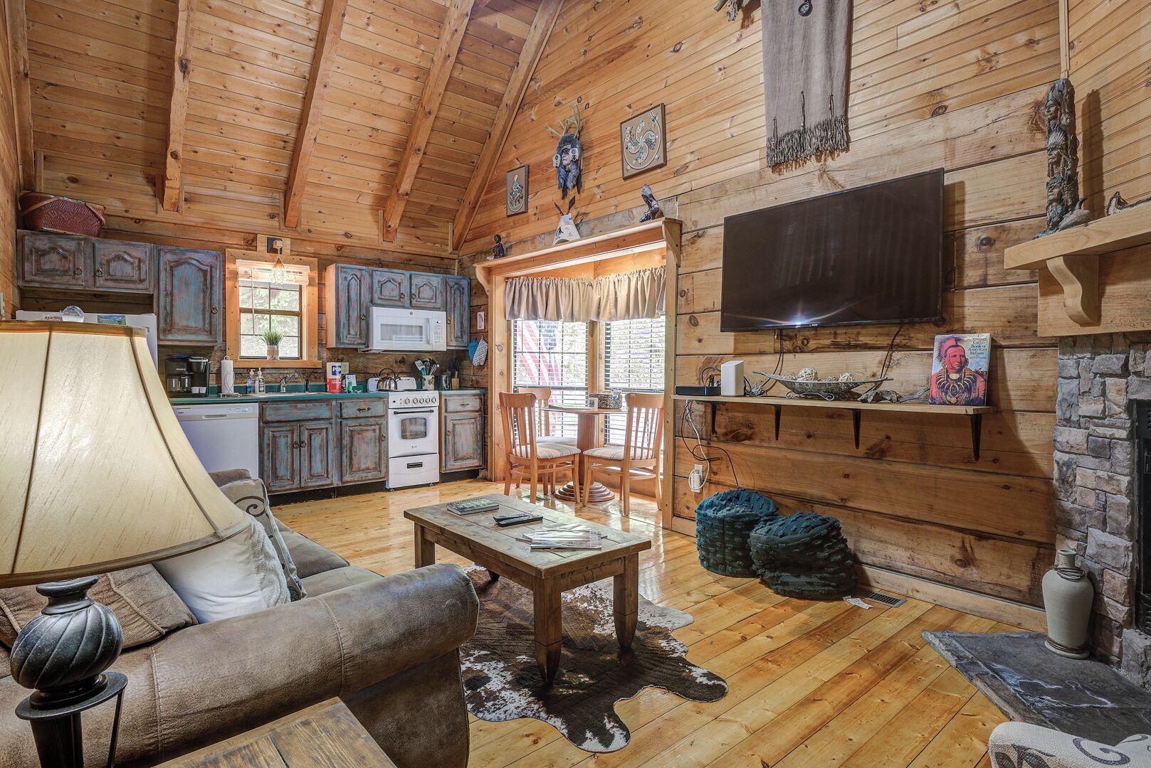 TV, fireplace, music library