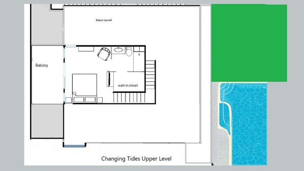 A floor plan of a hotel with a balcony, a walk-in closet, and a changing room.