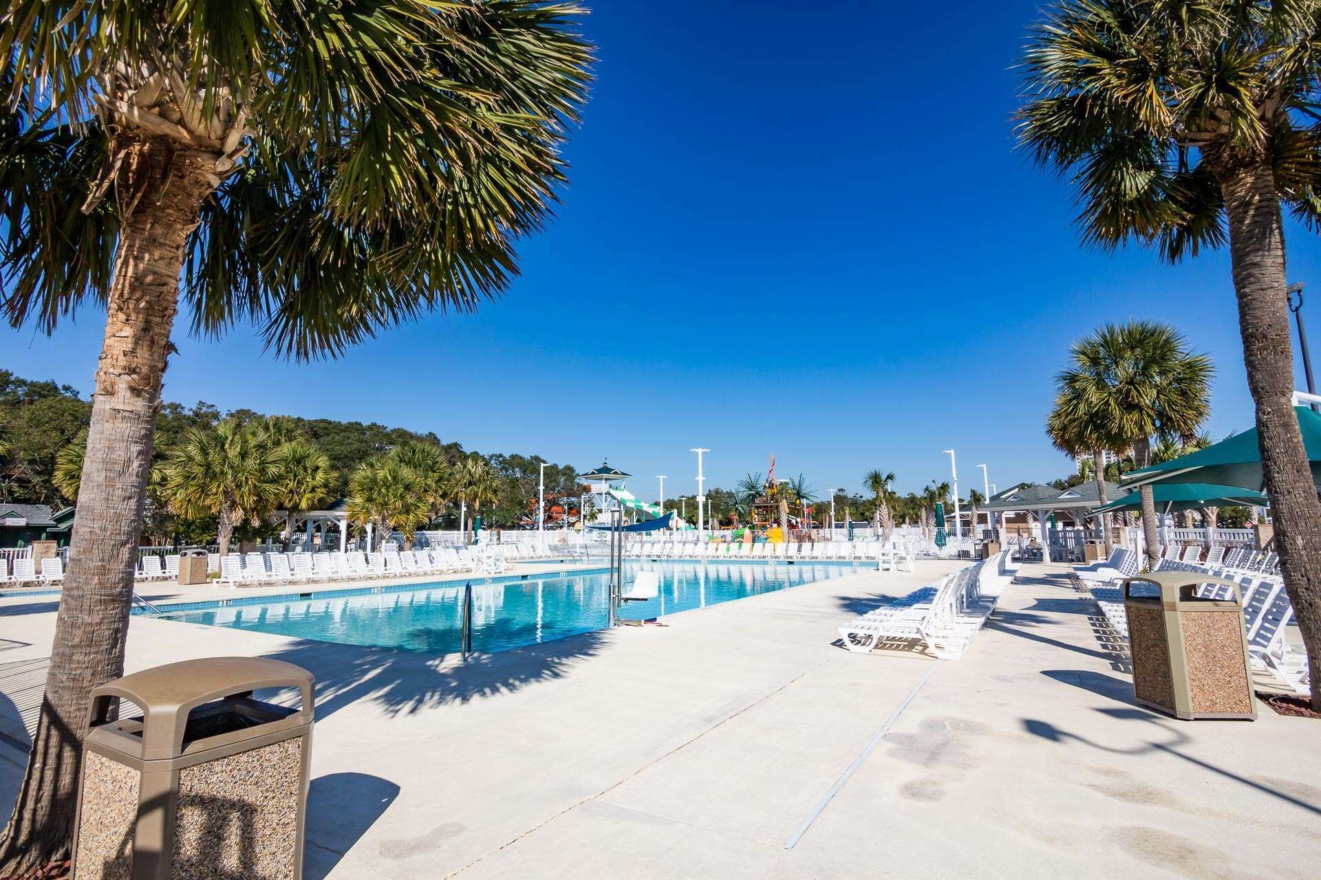 A pool area with lounge chairs and palm trees.