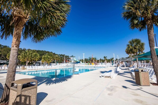 A pool area with lounge chairs and palm trees.