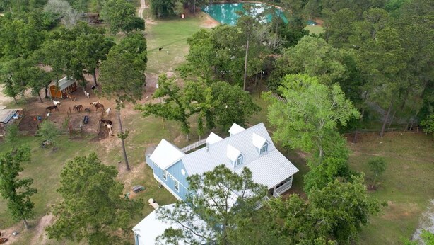 Una casa grande con techo azul, rodeada de árboles y un patio cercado.