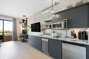 Fridge, microwave, dishwasher, coffee/tea maker