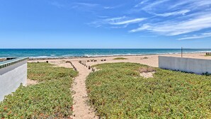 A beach with a clear sky, a sandy path, and green vegetation.