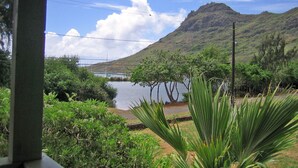 Vista da una zona riparata su un corpo d'acqua, con una montagna sullo sfondo e vegetazione in primo piano.