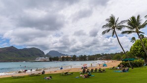 Una spiaggia con palme, una zona verde con lettini e una nave da crociera sullo sfondo.