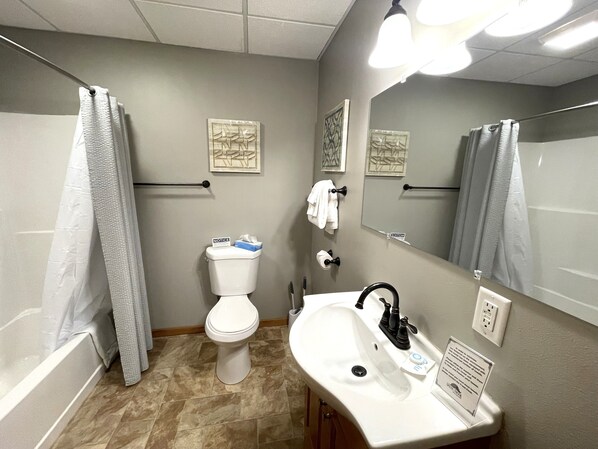 Un baño con inodoro, lavamanos y ducha.