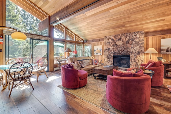 TV, fireplace, DVD player, books