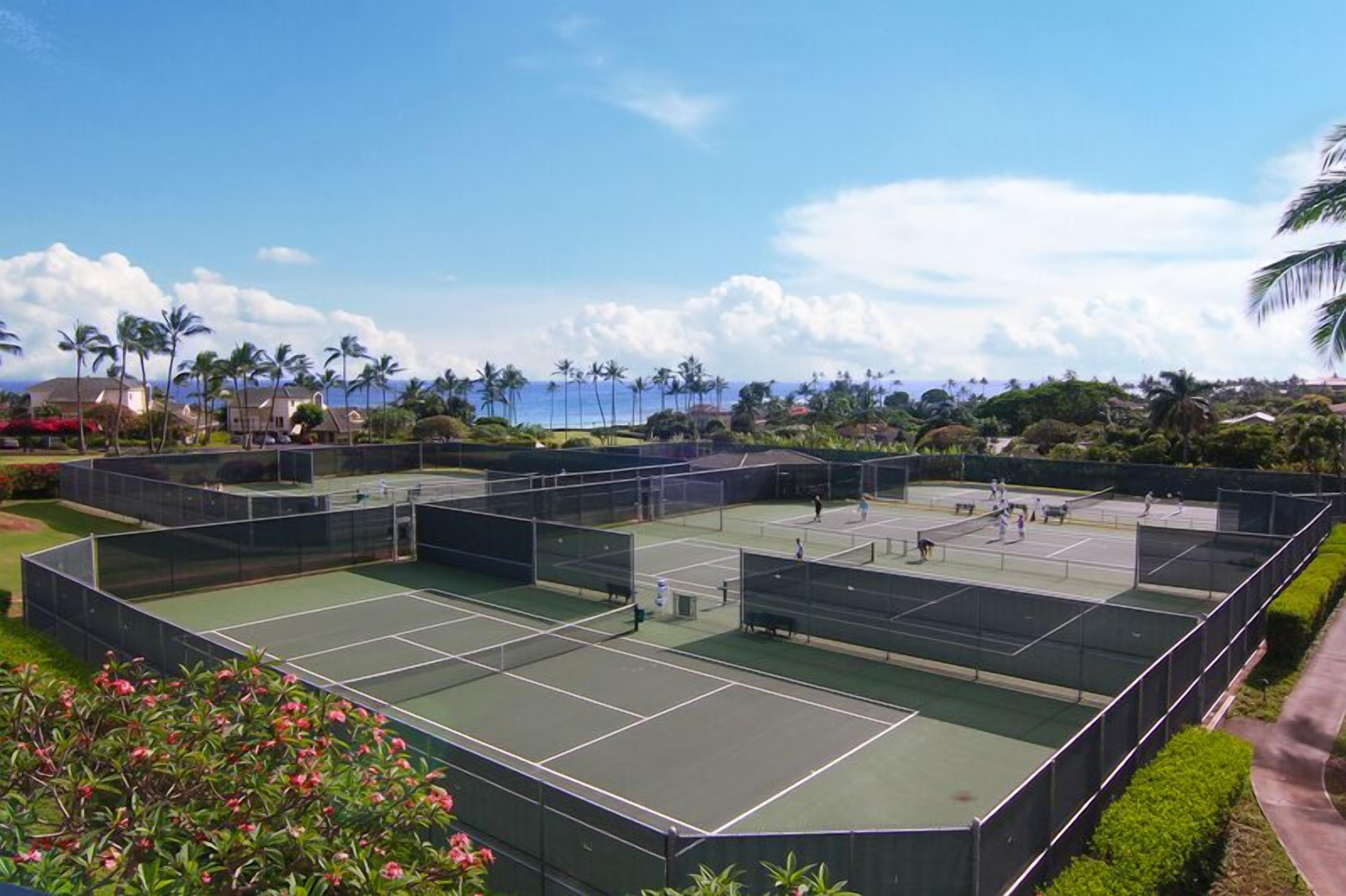A tennis court complex with multiple courts, surrounded by greenery and palm trees, with a view of the ocean in the background.