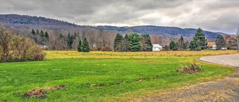 A rural landscape with a grassy field, a road, and houses in the background.