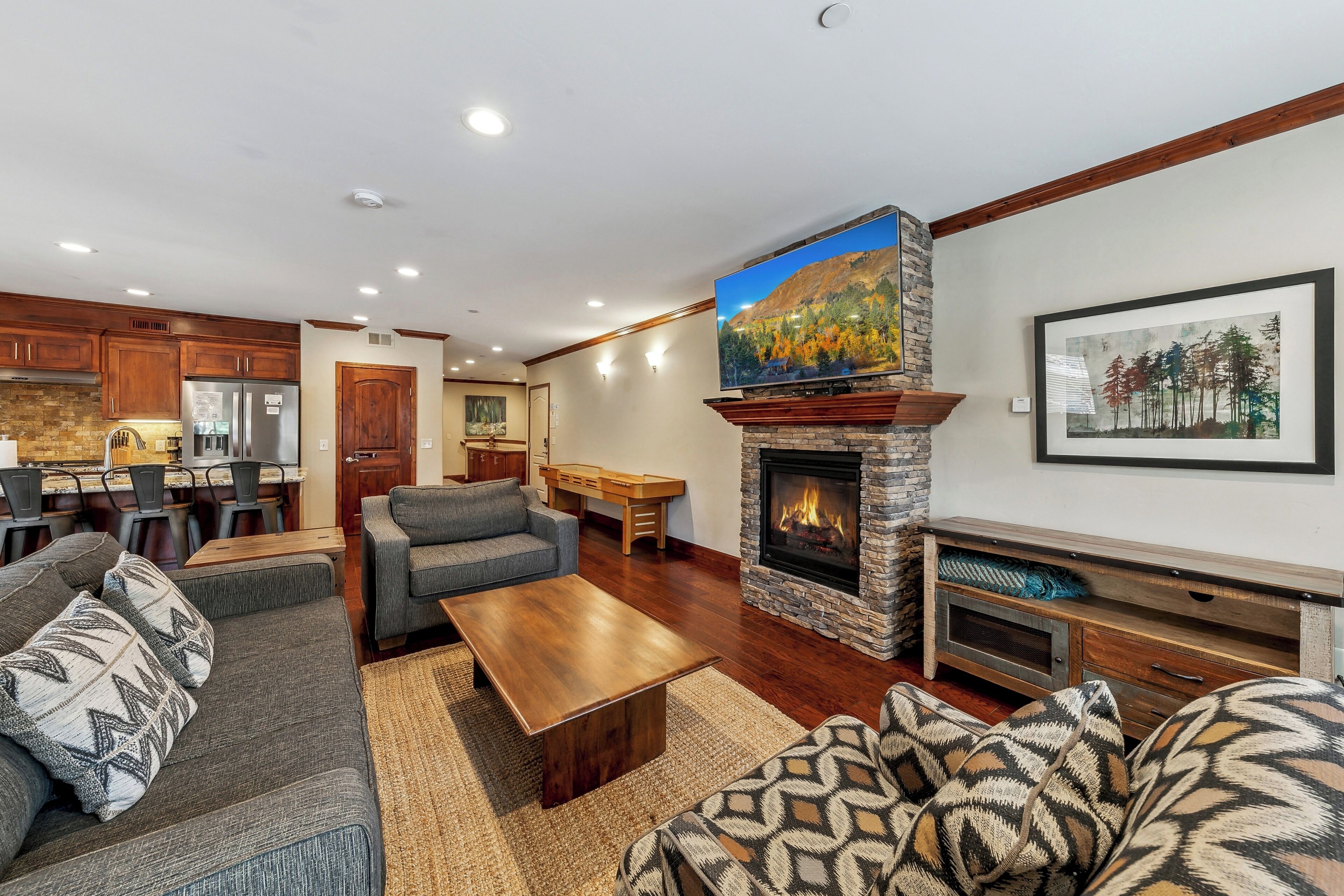 TV, fireplace, video games, DVD player