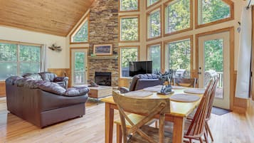 TV, fireplace, video-game console, foosball