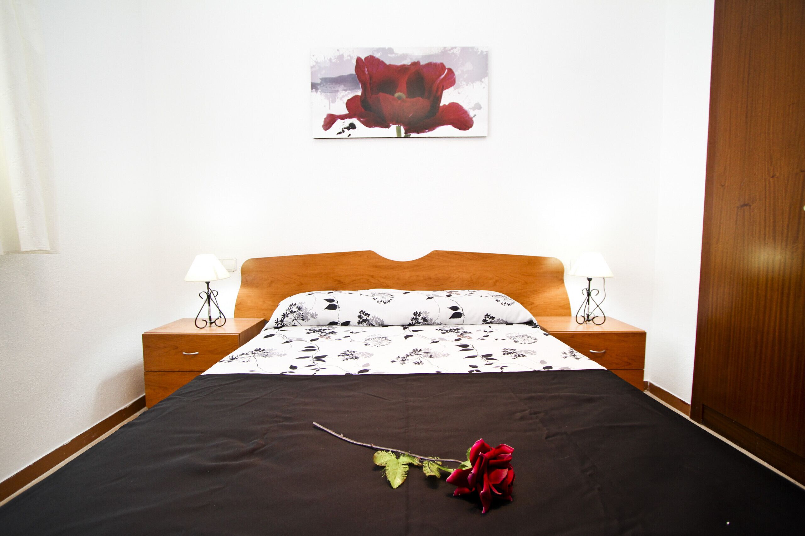 Una cama bien hecha con una colcha negra, dos lámparas de noche, una mesita de noche de madera y un cuadro de una flor roja colgado en la pared.