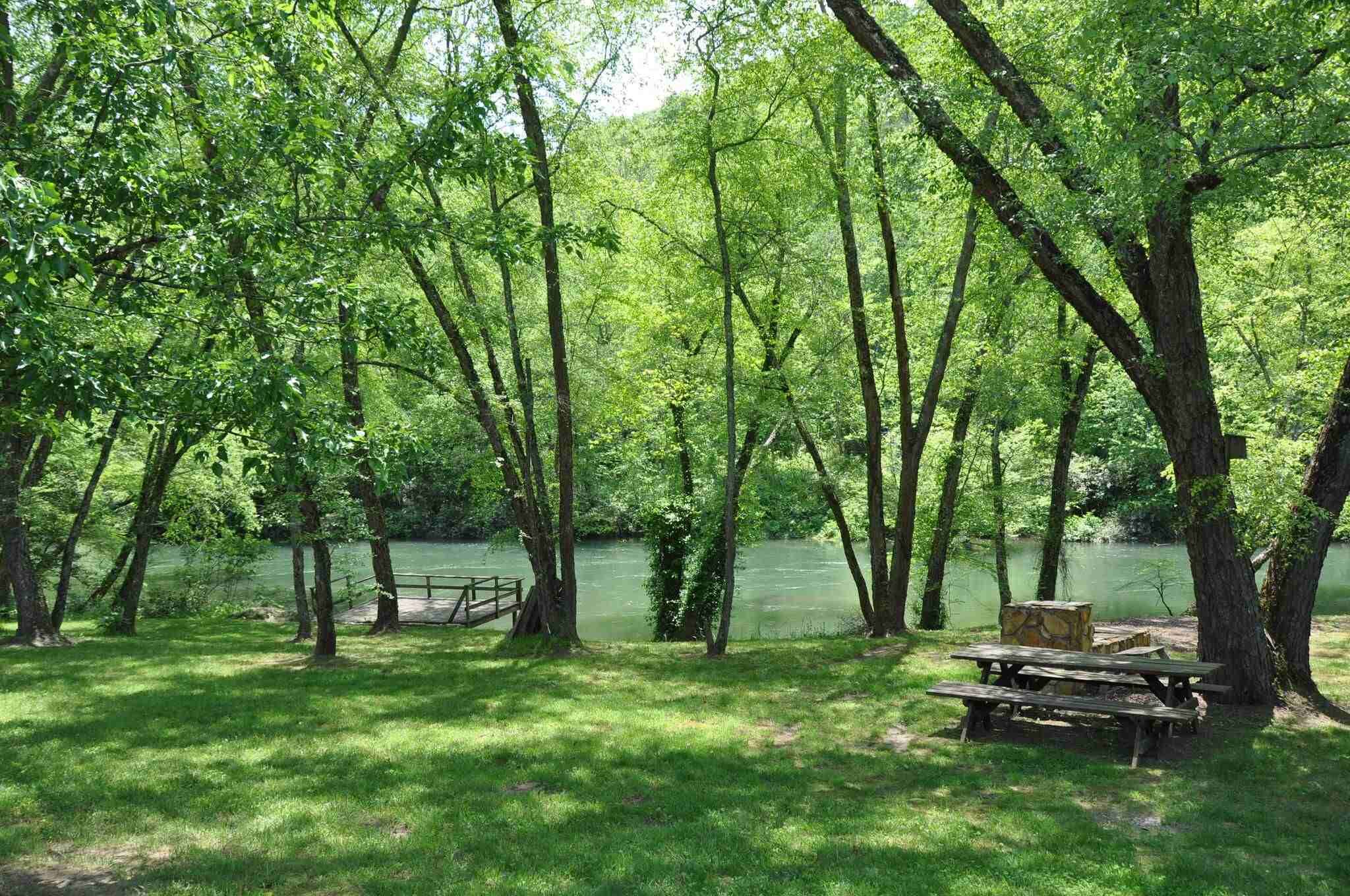 Zona de picnic con banco de madera y mesa, rodeada de árboles y un lago.