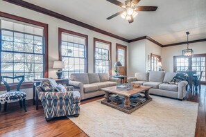 TV, fireplace, books