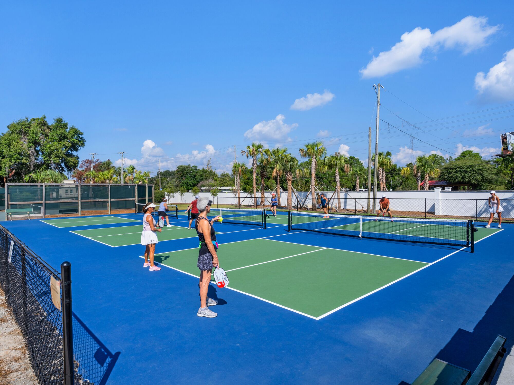 A tennis court with multiple players, surrounded by palm trees and a clear sky.