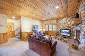 Televisión de pantalla plana, chimenea y reproductor de DVD 