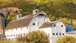 Ein großes, weißes Bauernhaus mit geneigtem Dach, umgeben von Bäumen und einer Hügelkuppe.