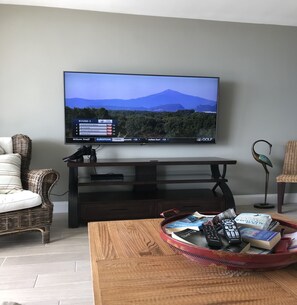 Een flatscreentelevisie, een dvd-speler en een stereo