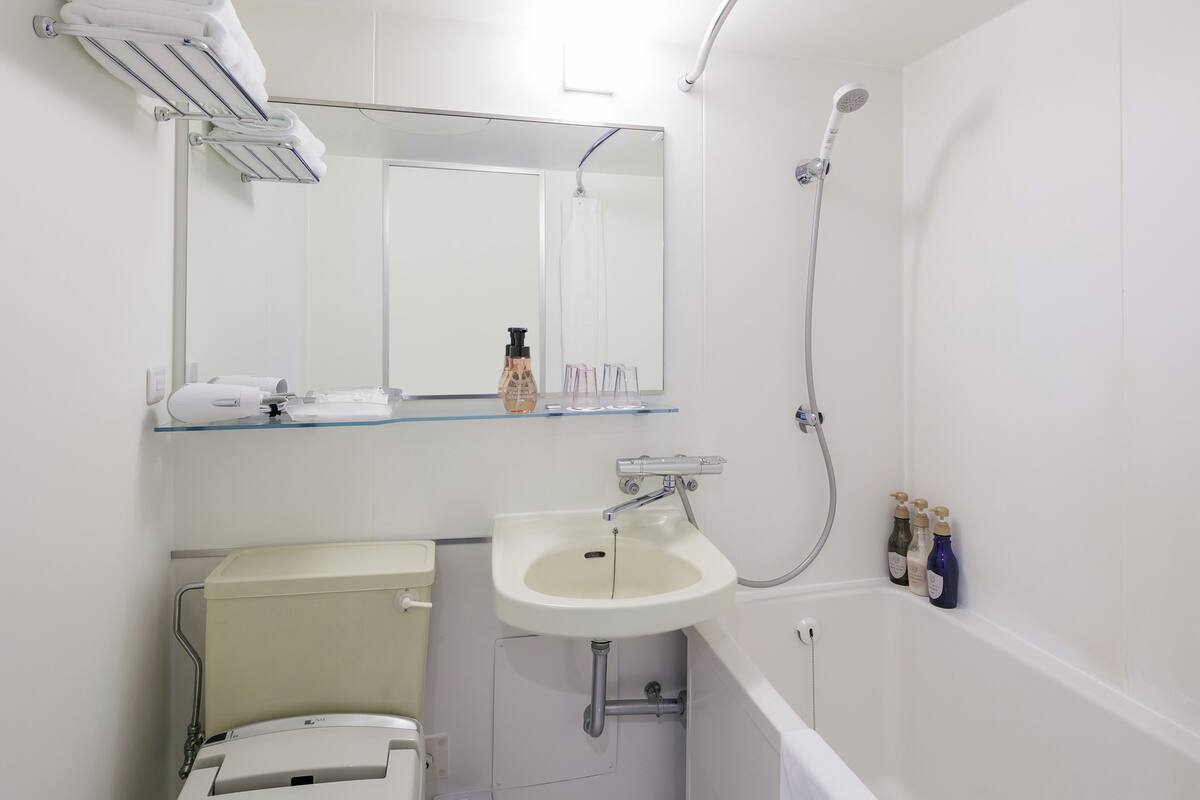 combined shower/bathtub, free toiletries, hair dryer, slippers