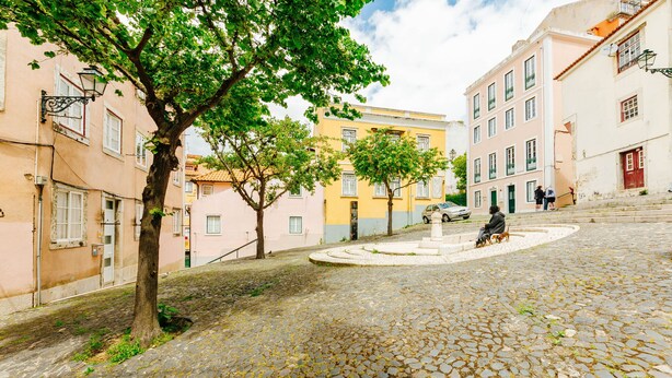 Una calle empedrada flanqueada por edificios, una plaza circular en el centro y una estatua.