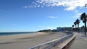 Een strand met een houten vogelzangpad, palmbomen en een heldere lucht.