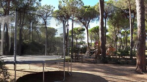 A playground with a trampoline, swings, and a climbing structure surrounded by trees. - Villa with garden surrounded by greenery a stone's throw from the sea (Santa Margherita di Pula)