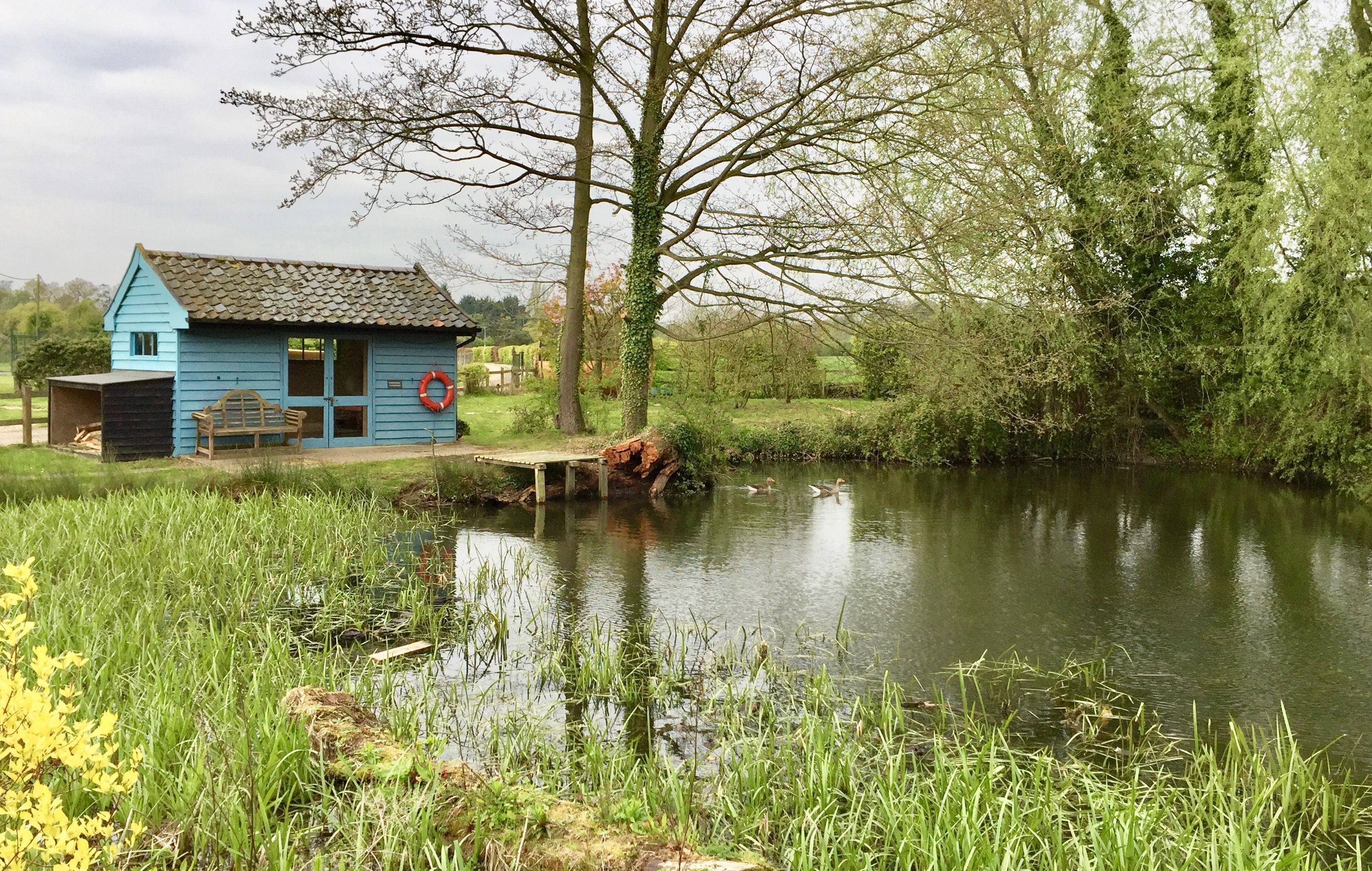 Une petite cabane bleue, située au bord d’un étang, avec un banc en bois et un cercle rouge peint sur le mur.