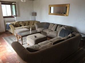 TV connectée, cheminée, lecteur de DVD, livres