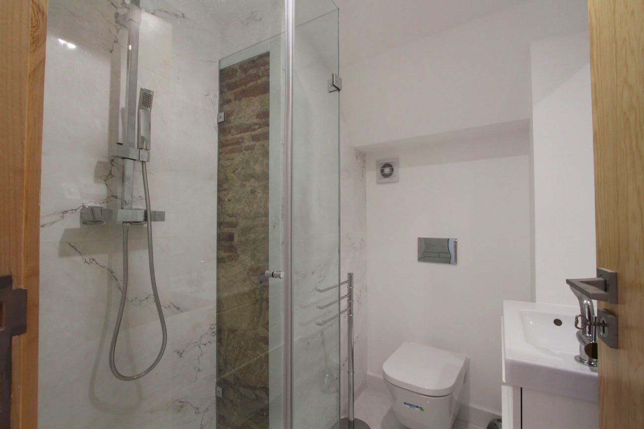 A bathroom with a glass-enclosed shower, a white toilet, and a sink.