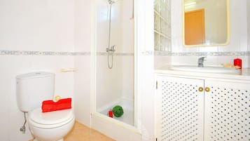 Combined shower/tub, hair dryer, towels
