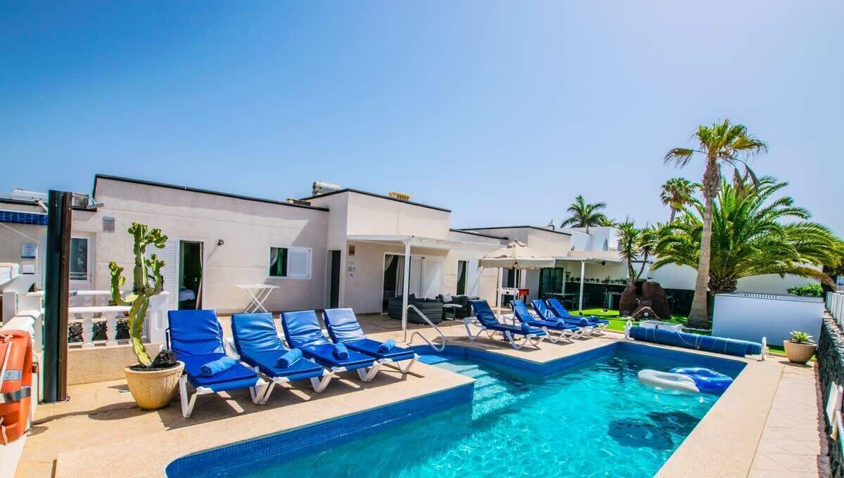 A swimming pool with lounge chairs, a lifeguard stand, and palm trees.