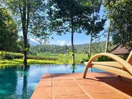 Una piscina al aire libre, sillones reclinables de piscina