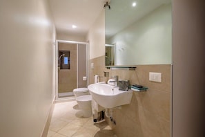 Regadera, secadora de cabello, bidet, toallas